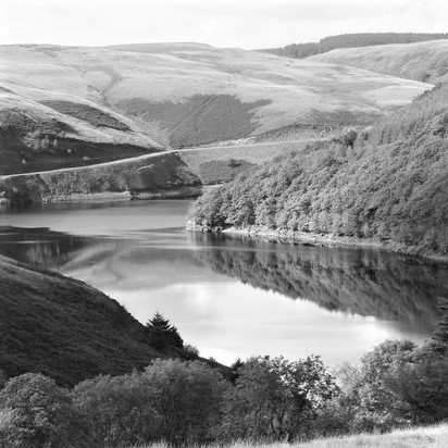 Llyn Brianne dam in black and white
