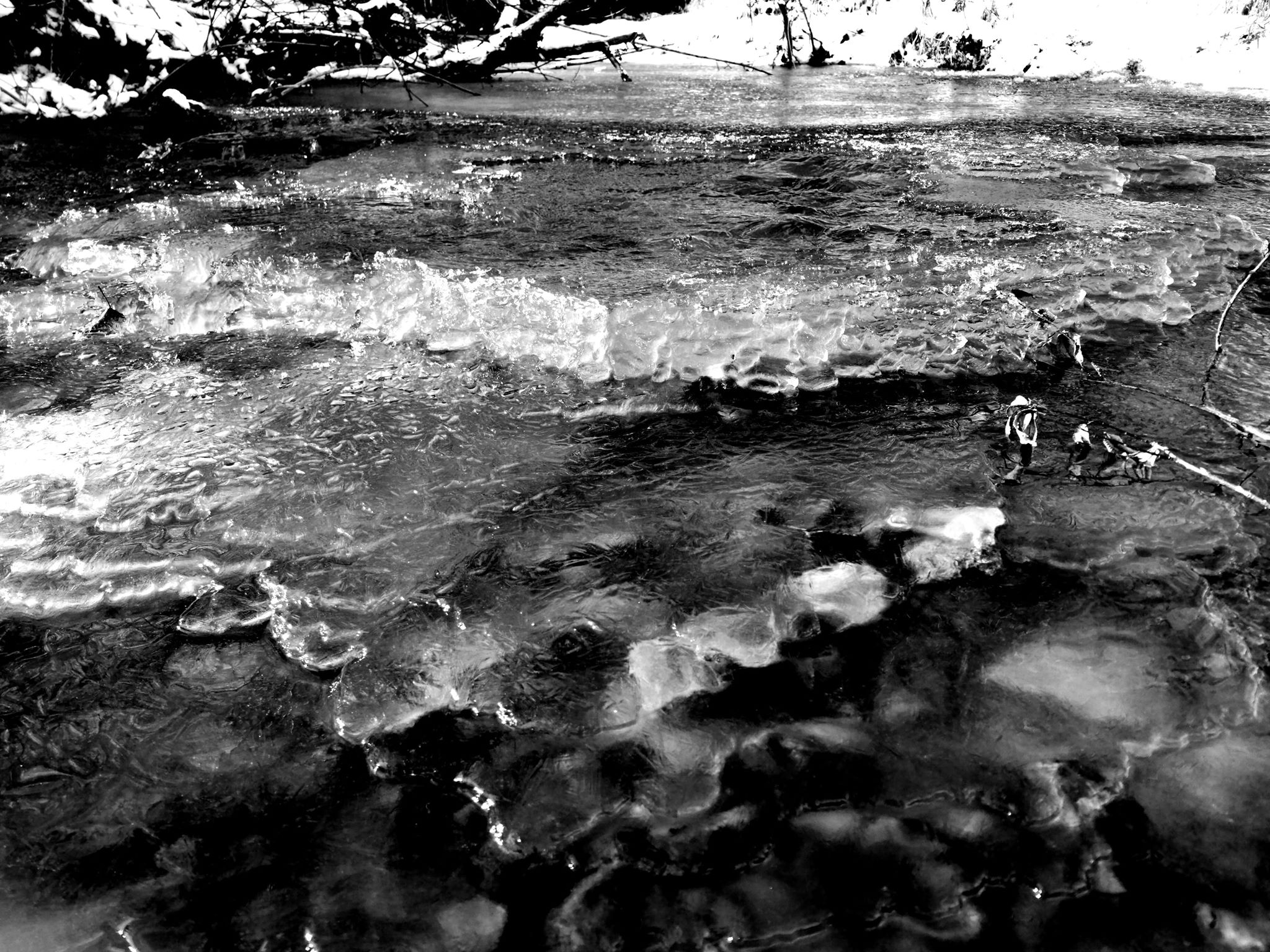 Ice on river in black and white