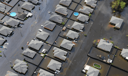 Aerial photo of a flooded neighbourhood